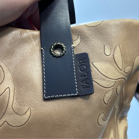 FALOR Italy Tote Bag, Tan Brown Leather Embossed Paisley Large Bag, 16" x 16" - Picture 2 of 6